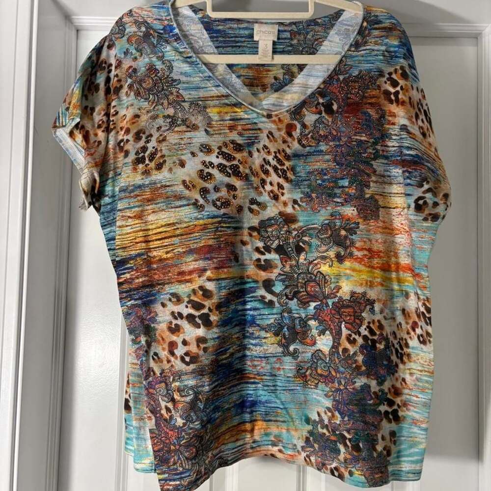 Chico's Multicolored Floral Leopard Print V-Neck Blouse Size 3